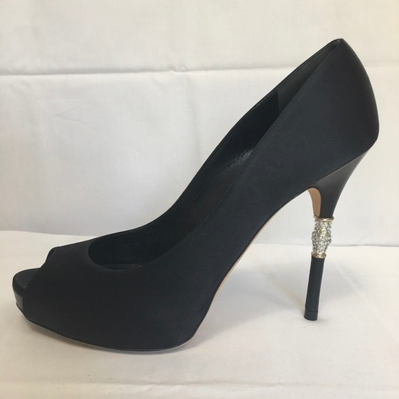 Gucci Shoes - GUCCI Black Satin Bamboo Crystal Platform Peeptoes